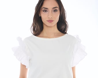 White Ruffle Sleeve Top, Elegant Statement Short Sleeve Blouse, Work Office Top, Feminine Blouse, Summer Vacation Beach Top, Resort Boho Top