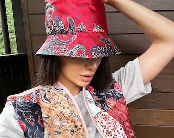 Summer Bucket Hat, Red Women Hat, Cotton Denim Sun Hat, Narrow Brim Sun Hat, Satin Beach Hat, Summer Hat Sun UV Protection Hat Boho Hat