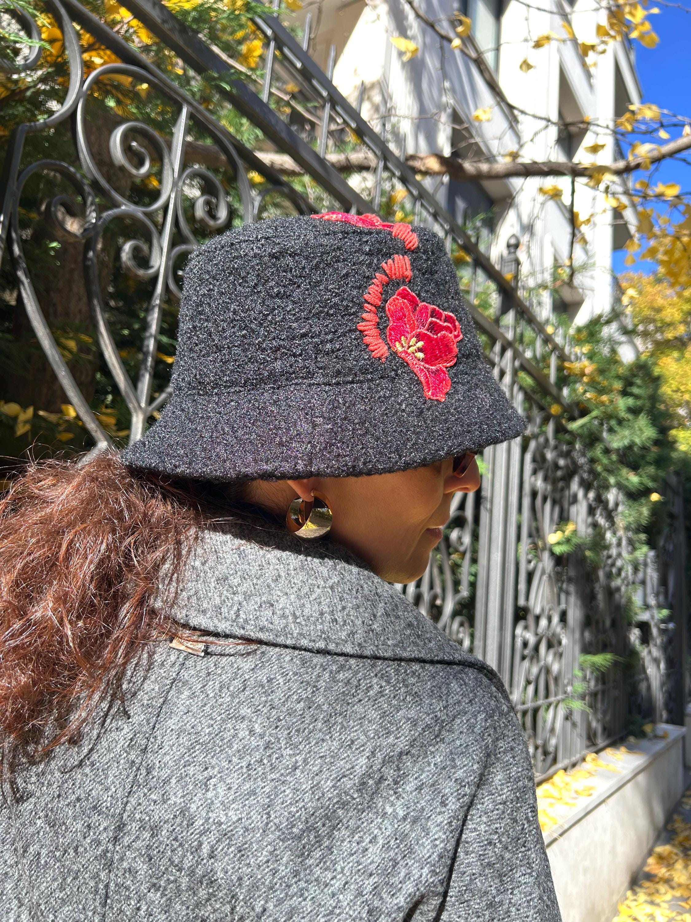 Embroidered Black Wool Hat With Red Flower, Bucket Hat for  display picture 3