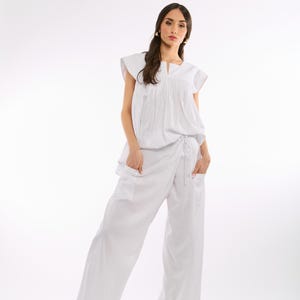 Weiße Leinenhose, weites Bein Hose mit mittlerer Taille, Sommerhose, Strandhose, Boho Chic, Resort Wear, minimalistische Reisehose, bequeme Hose