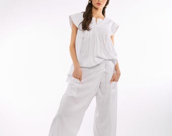 White Linen Pants, Wide Leg Mid Waisted Trousers, Summer Pants, Beach Pants, Boho Chic, Resort Wear, Minimalist Travel Pants, Comfy Pants
