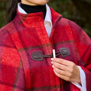 Red Plaid Cape Coat, Belted Tartan Cloak for Women, Equestrian Wool Poncho, Autumn Winter Outerwear, Dark Academia Fashion, Toggle Cape