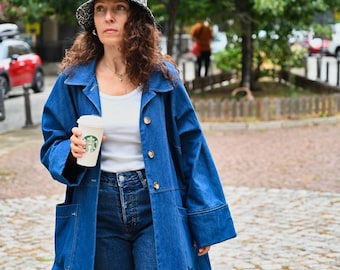 Transitional Coat Denim, Blue Oversize Coat, Spring Cotton Denim Coat, Long Women Denim Coat, Straight Women Denim Coat, Autumn Denim Coat