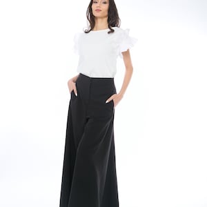 Black Wide Leg Palazzo Pants, High Waist Elegant Trousers, Flowy Formal Pants, Full Length Sophisticated Evening Pants, Summer Beach Pants