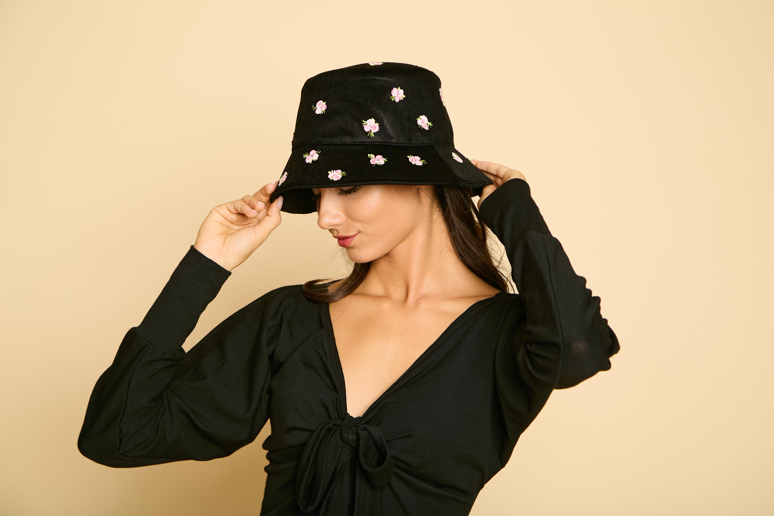 Vintage Black Velvet Floral Bucket Hat Black Velvet Hat With Embroidered Flowers, Cute Floral 90s  main image 3
