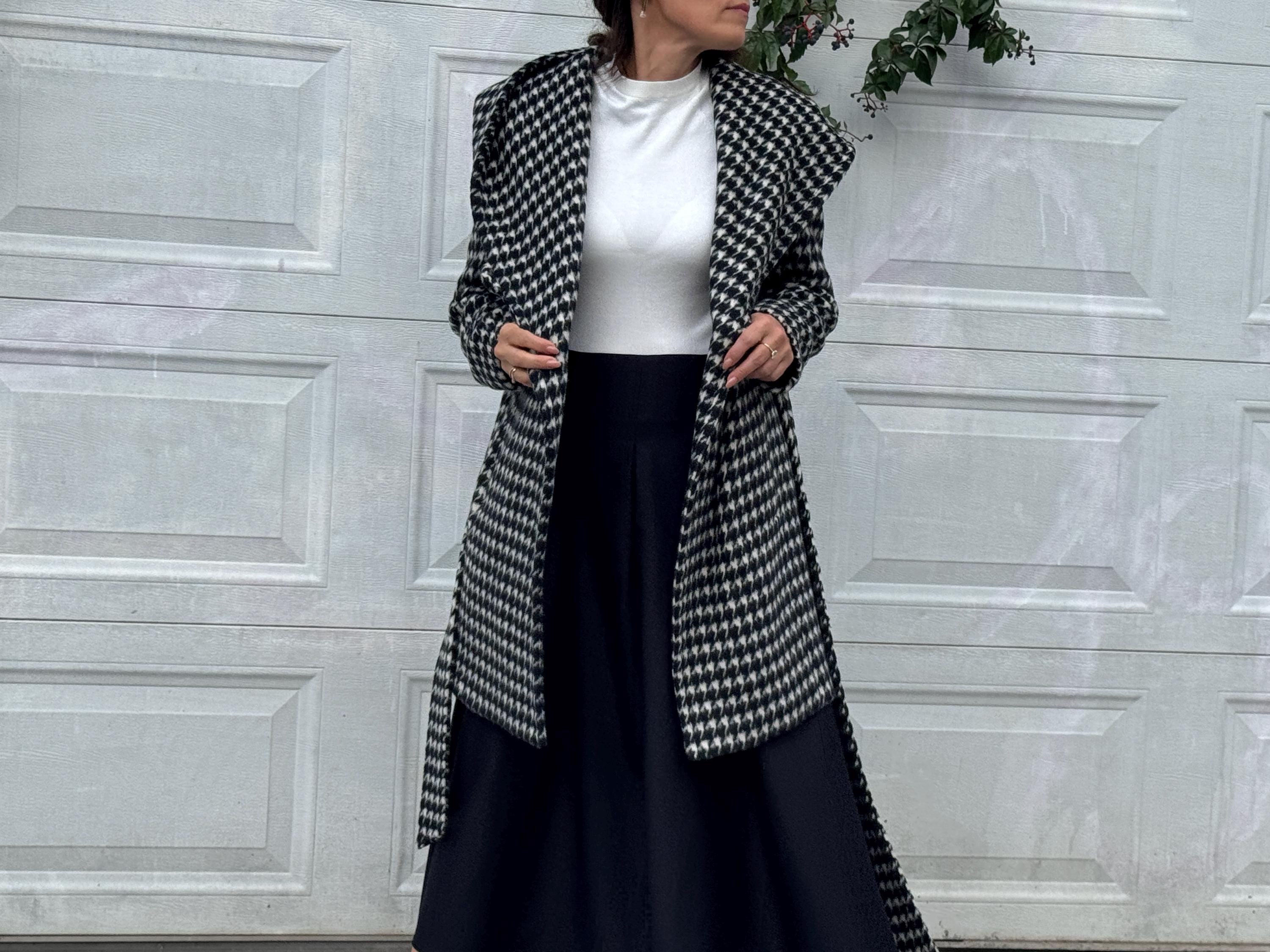 Houndstooth Hooded Coat, Belted Wrap Coat, Black and White Winter