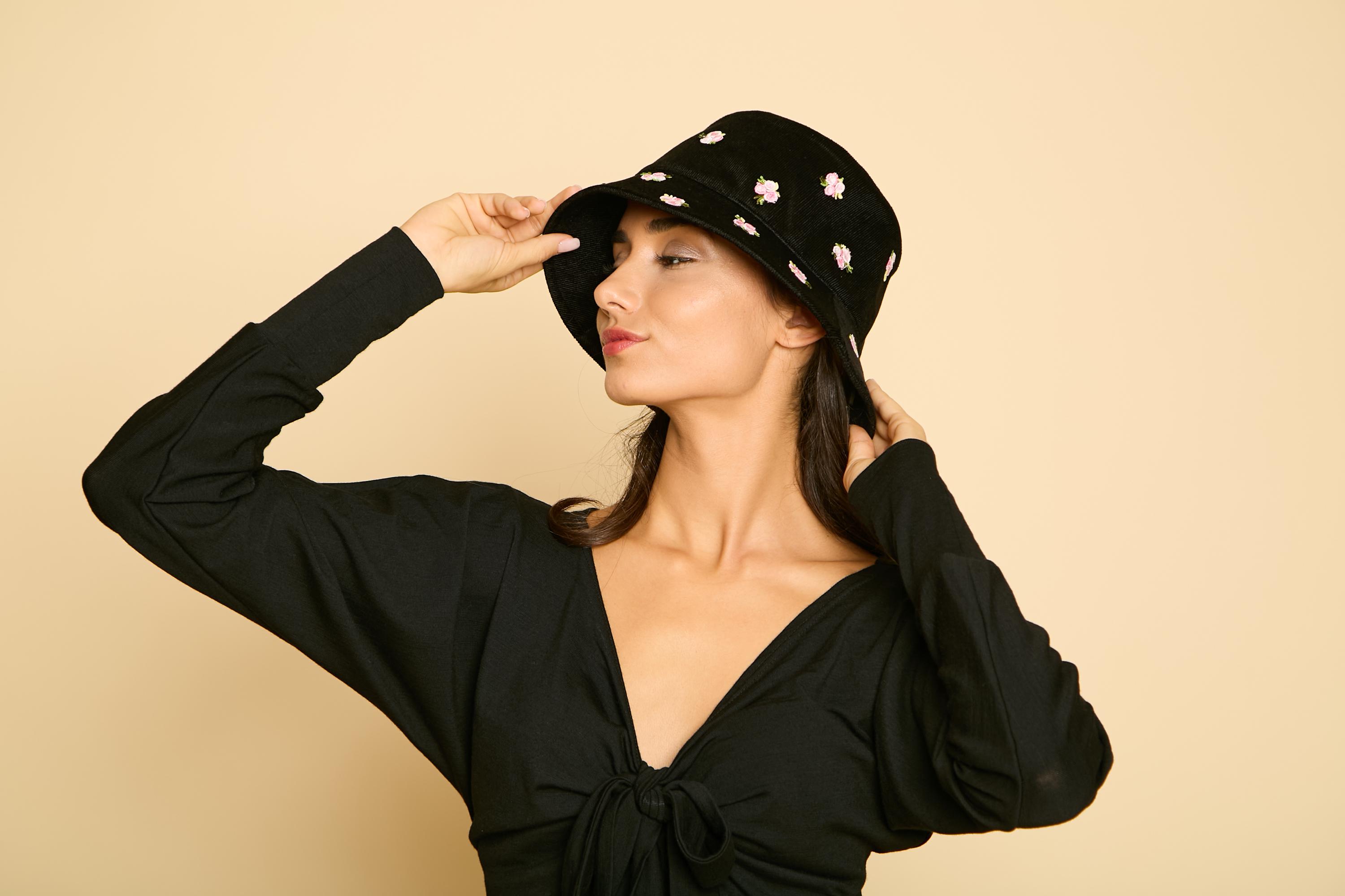 Black Corduroy Bucket Hat With Embroidered Flowers, Cute 
