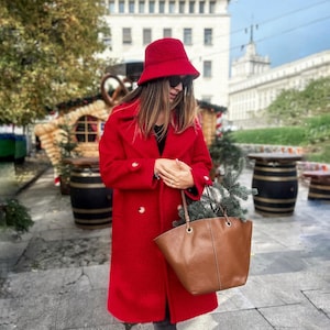 Long Wool Coat, Oversize Women&#39;s Wool Boucle Coat – Red, Classic Straight Winter Women Coat - Red, Winter Coat, Red Long Coat, Big Collar