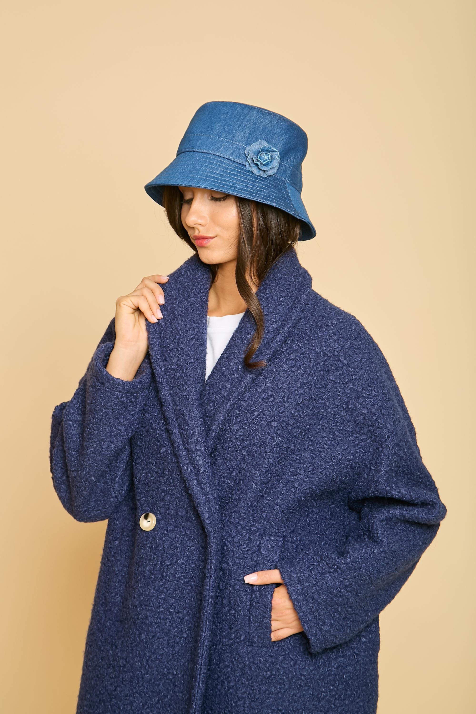 Denim Blue Knit Winter Cloche Hat Embellished Rolled Brim Boho Floral Handmade Denim Blue Knit Winter Cloche Hat Embellished Rolled Brim  main image 2