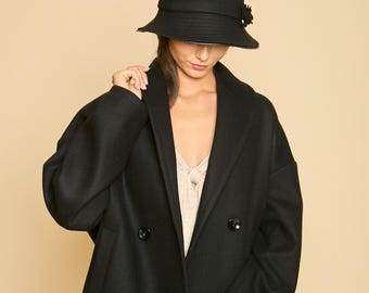Double Breasted Short Black Wool-cashmere Coat , Women's Spring