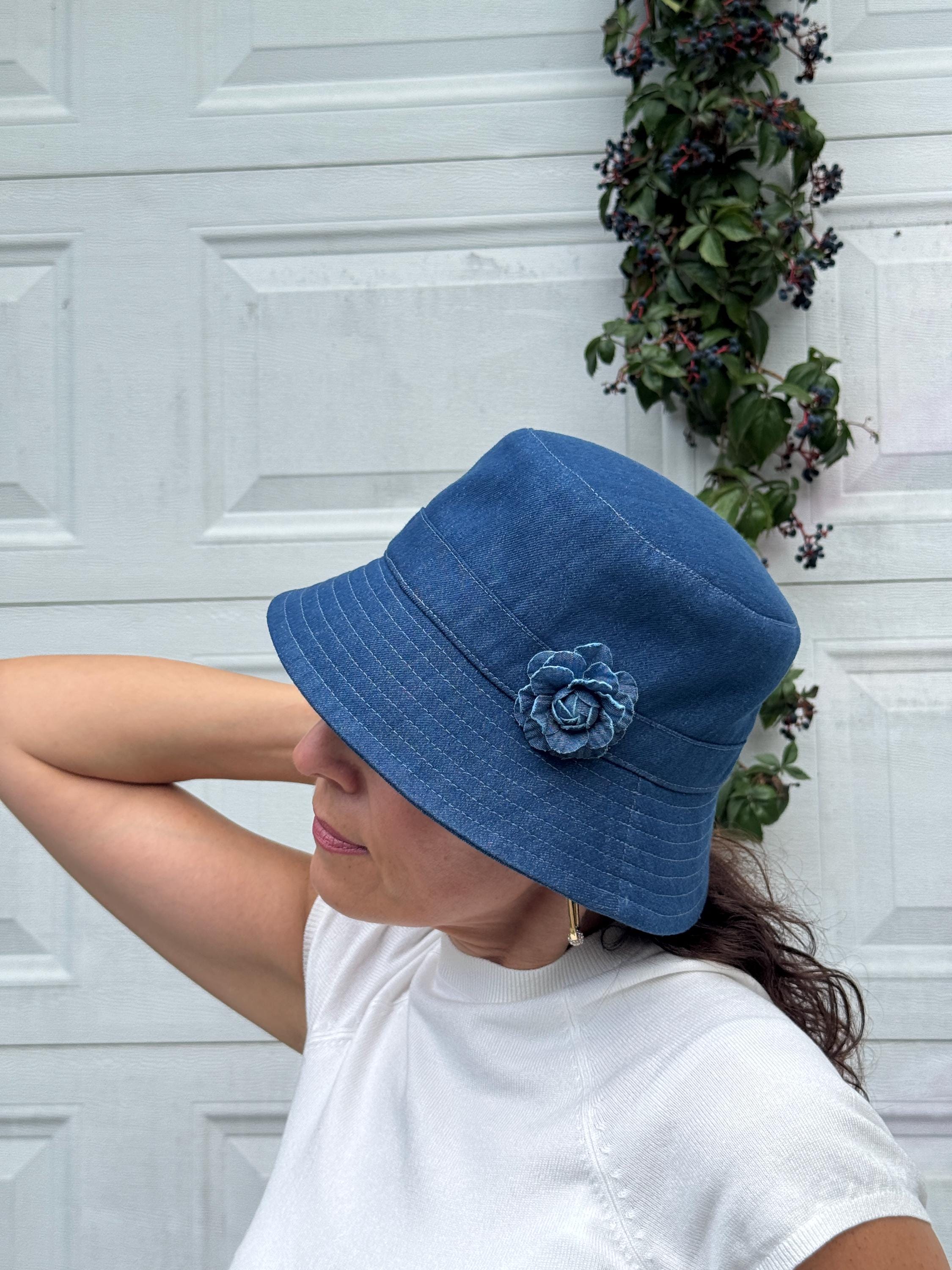 Denim Bucket Hat With Flower, Blue Cloche Hat for Women 