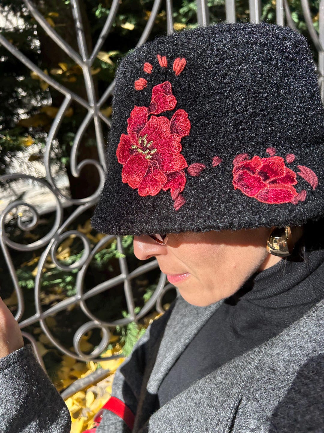 Embroidered Black Wool Hat With Red Flower, Bucket Hat for 