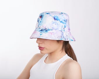 Cappello a secchiello estivo, cappello da donna con fiori, cappello da sole in denim di cotone, cappello da sole a tesa stretta, cappello da spiaggia in raso, cappello estivo con protezione UV, cappello boho