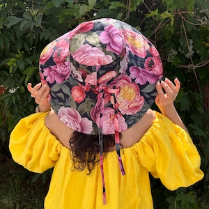 Floral Summer Hat with Wide Brim, Beach Sun Hat, Flowers Vacation Hat with Ties, Large Fashion Garden Hat, Sun Protection Elegant Boho Hat