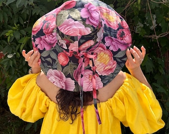 Floral Summer Hat with Wide Brim, Beach Sun Hat, Flowers Vacation Hat with Ties, Large Fashion Garden Hat, Sun Protection Elegant Boho Hat