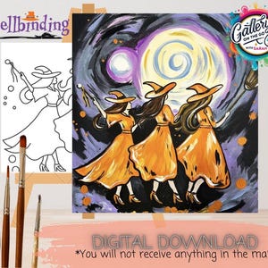 May include: A digital download art print featuring three witches in orange dresses and hats, walking in front of a swirling night sky with a large moon. The artwork is displayed next to a black and white outline of the same image. Paintbrushes are in the foreground.
