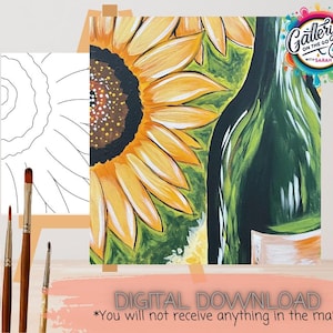 Puede incluir: Kit de arte de descarga digital con una pintura de girasol y botella de vino. La imagen muestra una pintura parcialmente terminada junto a un dibujo lineal de un girasol. Los pinceles están en primer plano. El texto dice "DESCARGA DIGITAL".