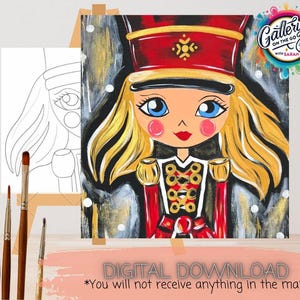 May include: A colorful painting of a nutcracker soldier with blonde hair, blue eyes, and a red hat and uniform. The painting is displayed on an easel next to a black and white outline of the same image. The words "DIGITAL DOWNLOAD" are at the bottom.