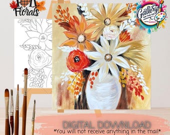 May include: A painting of a floral arrangement in a white vase, featuring orange, white, and red flowers. The painting is on an easel next to a line drawing of the same floral arrangement. The text "DIGITAL DOWNLOAD" is at the bottom. The image also includes paintbrushes.