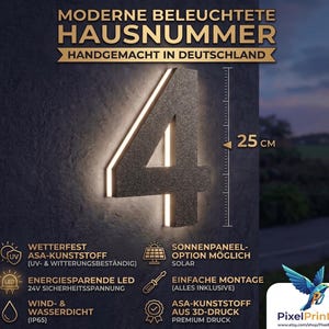 Número de Casa LED 25cm | Exterior Iluminado | Impermeable IP65 | Impresión 3D ASA | Opción Solar | Hecho a Mano Alemania