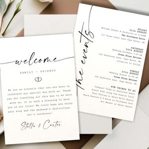 Plantilla minimalista para tarjetas de eventos de boda, nota de bienvenida para la bolsa de boda, cronograma imprimible para eventos de boda, calendario de boda moderno editable #HK