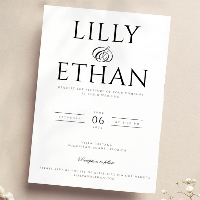 May include: A white wedding invitation with black text. The invitation reads "Lilly & Ethan" and includes the date and time of the wedding, the location, and the RSVP information.