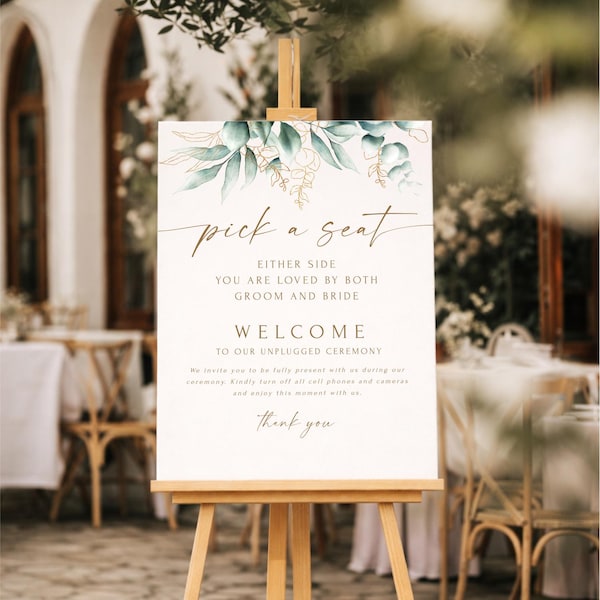 Pick a Seat Not a Side Wedding Sign Printed + Shipped Unplugged Ceremony Sign Printed Personalized Eucalyptus Foam Board or Poster #HK