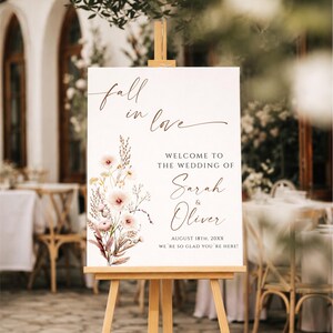 Fall in Love Wedding Welcome Sign Template – Editable Rustic Floral Reception Signage, Digital Download #HK