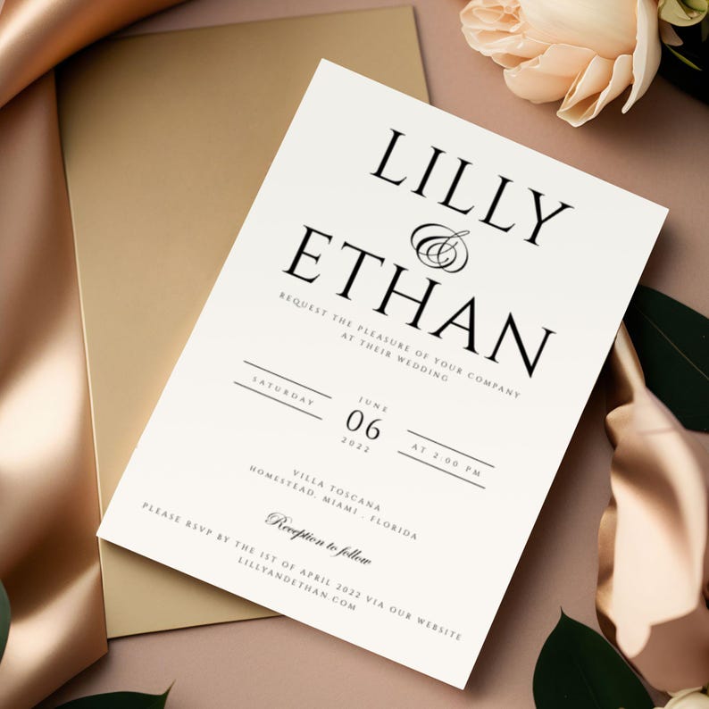 May include: A white wedding invitation with black text. The invitation reads "Lilly & Ethan" and includes the date and time of the wedding, "Saturday, June 06, 2022 at 2:00 PM". The wedding will be held at Villa Toscana in Homestead, Miami, Florida. The invitation also includes the text "Reception to follow" and the website address "lillyandethan.com".
