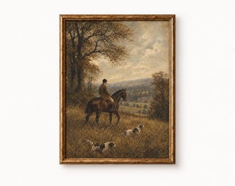 Kunstdruck mit Reiter, Ölgemälde mit Jagdhunden, Herbstlandschaft, Wandbild zum Ausdrucken (07-06)