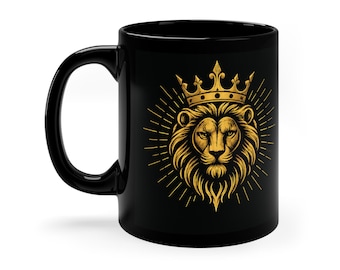 Taza de café con diseño de león y corona / Negra, 325 ml (11 oz)
