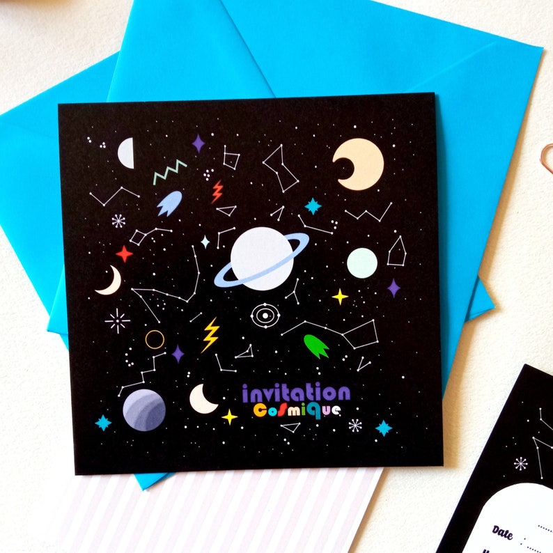 Tarjeta de invitación a fiesta de cumpleaños COSMOS, constelación, galaxia, espacio, planeta, cometa, para niños y niñas, universo imagen 2