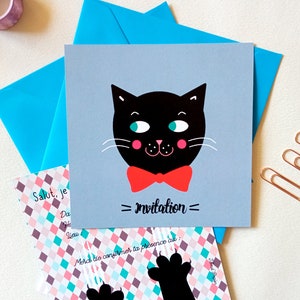 Birthday invitation card, Black cat, party, illustration, for boy and girl, animal, season, cozy, feline, kitten, halloween
