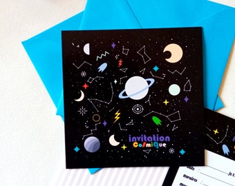 COSMOS birthday party invitation card, constellation, galaxy, space, planet, comet, for boys and girls, universe