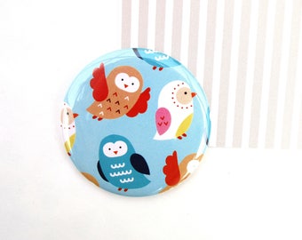 Miroir de poche chouettes, miroir rond, petit cadeau, hibou, pastel, illustration, miroir pour sac, noël, anniversaire, cadeau maîtresse