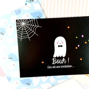 Carte d'invitation anniversaire Fantômes, fête, illustration, pour garçon et fille, halloween, hanté, automne, araignée, noir blanc, kawaii