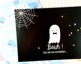 Ghosts birthday invitation card, party, illustration, for boy and girl, halloween, haunted, autumn, spider, black and white, kawaii