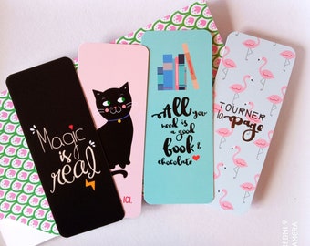 Set of 4 bookmarks/bookmarks all you need / Whole black cat / black Magic / Flamingo / funny and girly bookmarks