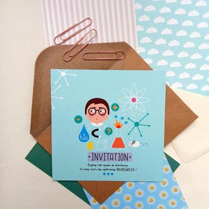 Carton d'invitation pour une  fête anniversaire SCIENCES, apprenti chercheur
