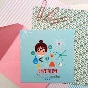 Biglietto d'invito per festa di compleanno SCIENZA, laboratorio, esperimento, scienziato, ricercatore, biologia, versione per ragazze