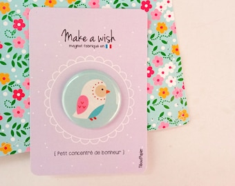 Carton message Make a wish et son magnet chouette, petit cadeau, noël, fête des mères, pastel, illustration, vœux, magie, anniversaire