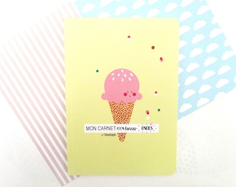 Carnet 100 % bonnes ondes : Glace kawaii , A6, jaune, pastel, été, journal, carnet de notes, écriture, gratitude, petit cadeau, anniversaire