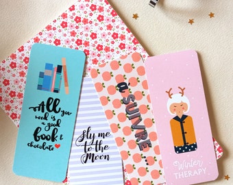 Set of 4 bookmarks autumn, winter, cozy, book, Moon, Peach, kokeshi, small gift, message, text, kawaii, book, birthday, Christmas