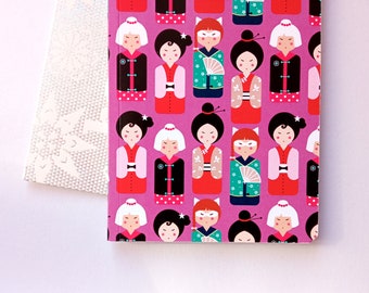 Carnet Kokeshi, poupée, japon, A6, journal, carnet de notes, petit cadeau, kimono, anniversaire, illustration, création française