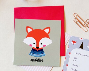 Fox birthday invitation card, for boys and girls, autumn, forest, cozy, winter, jacquard, illustration, animal, kawaii, nature