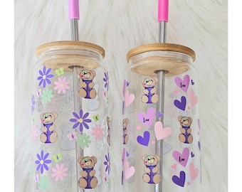Bear Glass Tumbler: 16 oz Reusable Cup with Lid & Straw