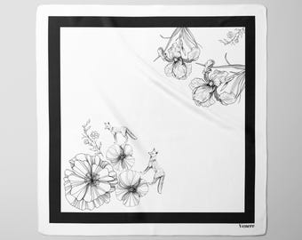 Floral Fox Silk Twill Scarf – Black and White, Made in Italy
