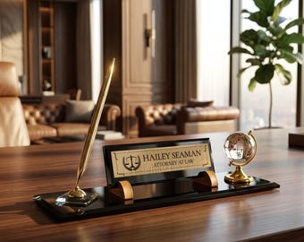 Personalized Black Crystal Name Plate, Gold Pen, Globe, Attorney Gift