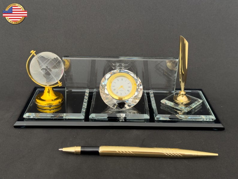 Personalized Crystal Globe Desk Set With Gold Pen and Quartz Clock - Etsy