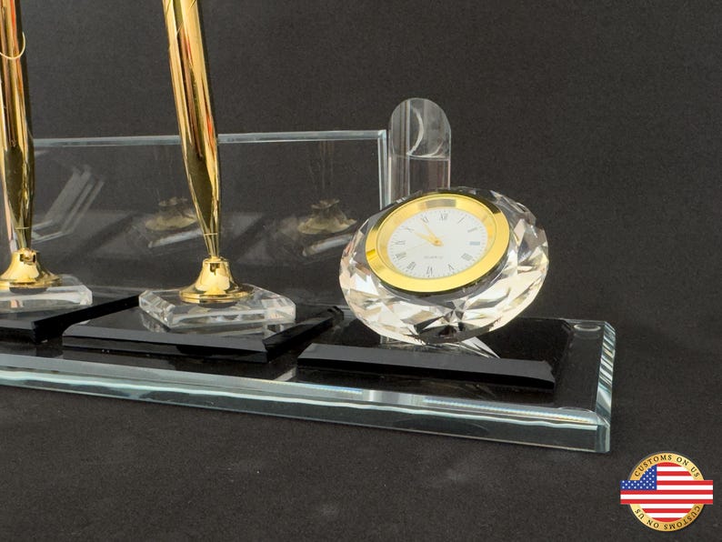 Personalized Gold Crystal Desk Set With Dual Pens, Clock and Card ...